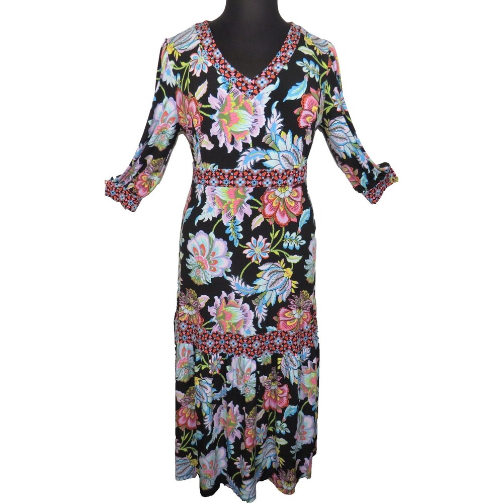 Susan Graver Passport Floral V Neck Tiered Maxi Dress Plus Size 1X Petite